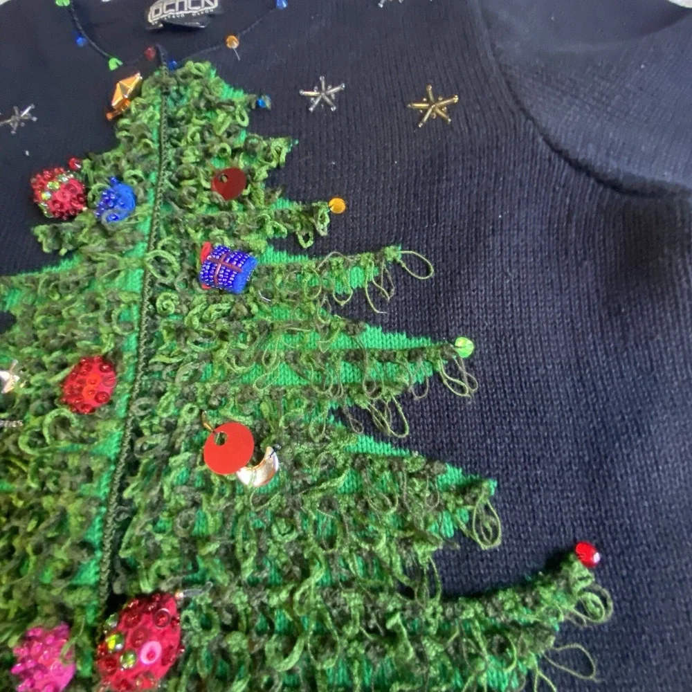 Berek 2 Sweater Christmas Tree 3D Sz S VTG Takako Saxon‎ Black Button Down Front